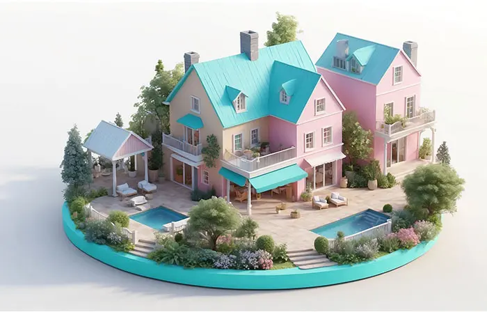 Tiny Cute Isometric 3D House 3D Picture Illustration image